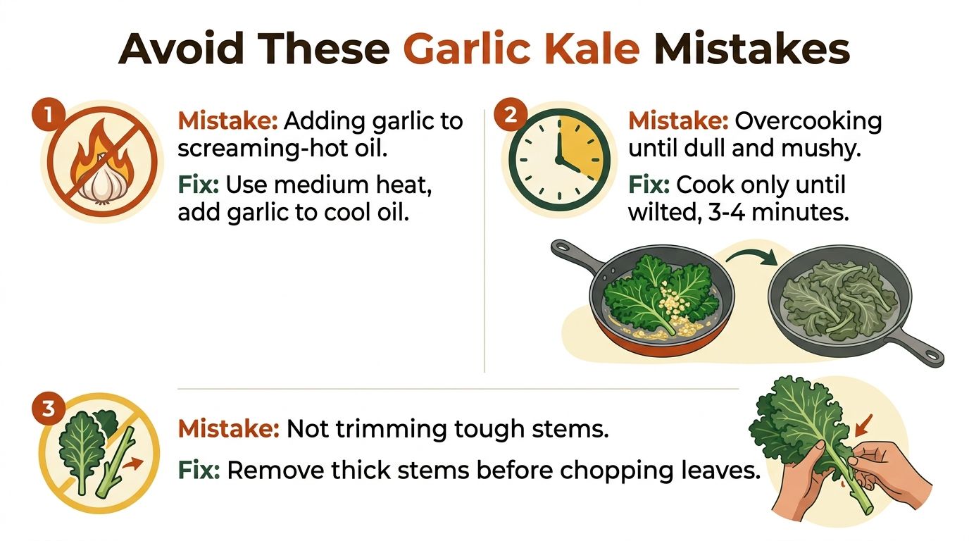 An infographic illustrating three common mistakes when cooking garlic and kale with tips to avoid them.