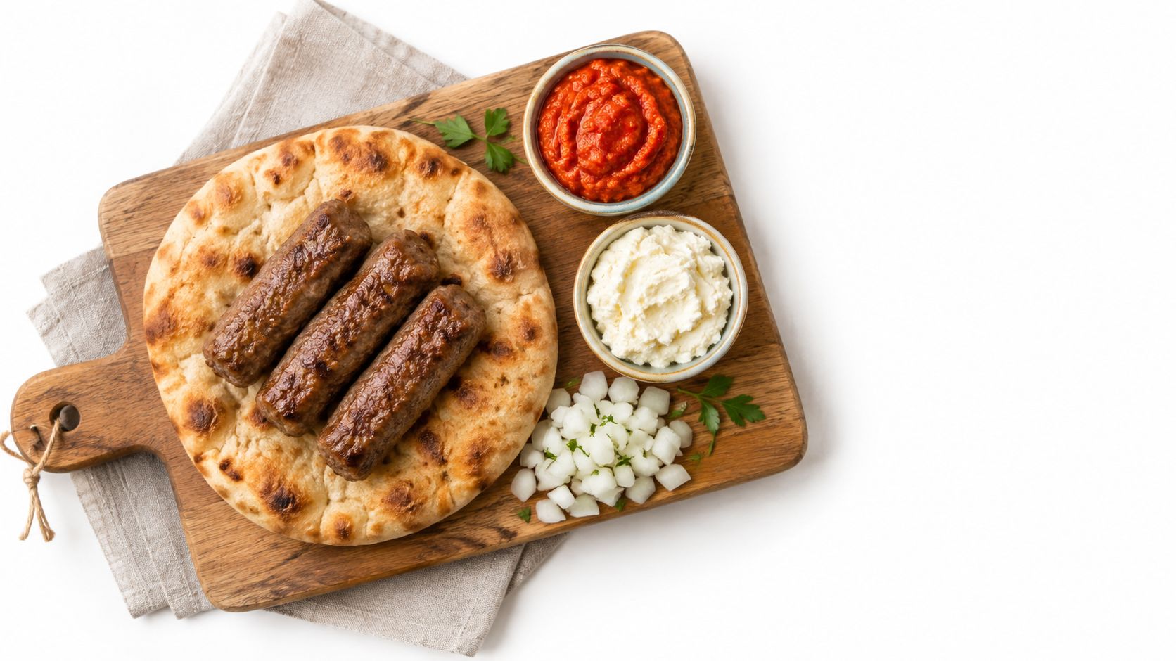 A rustic wooden board featuring grilled cevapi sausages served with fresh flatbread, creamy kajmak, and spicy ajvar relish.