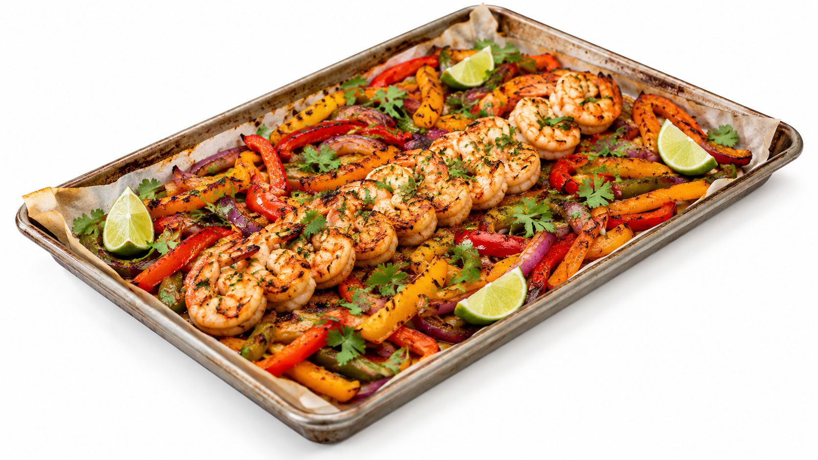 A delicious sheet pan meal featuring grilled shrimp, vibrant bell peppers, onions, and fresh lime wedges.
