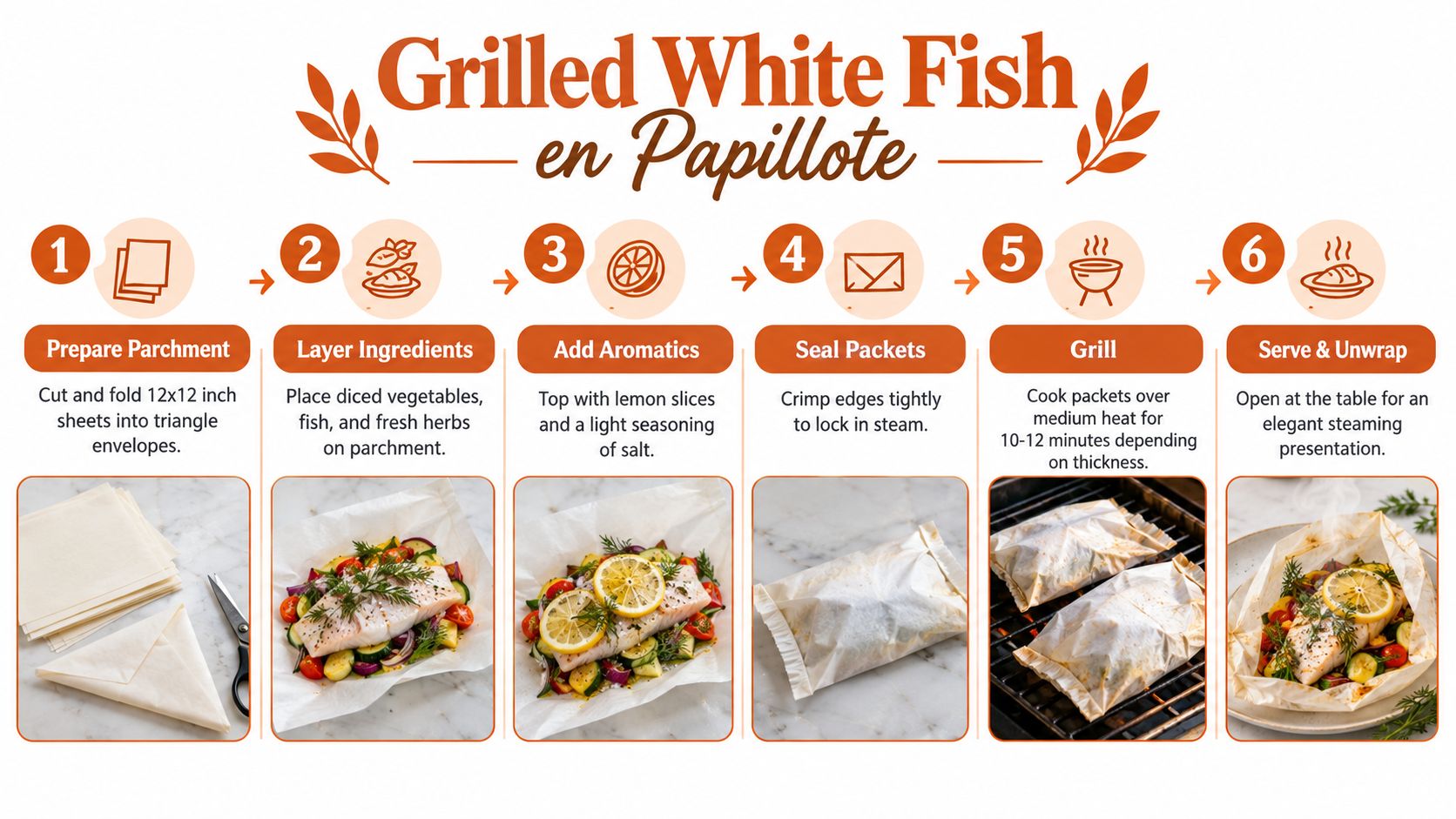 A six-step infographic showing how to prepare, season, wrap, grill, and serve grilled white fish en papillote.
