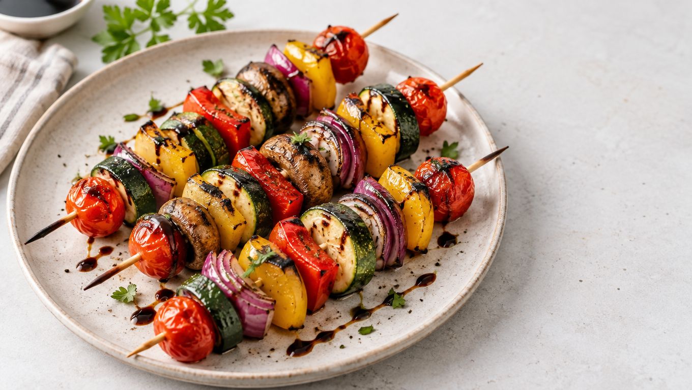 Four delicious vegetable skewers featuring grilled zucchini, red peppers, onions, yellow bell peppers, and mushrooms on a plate.