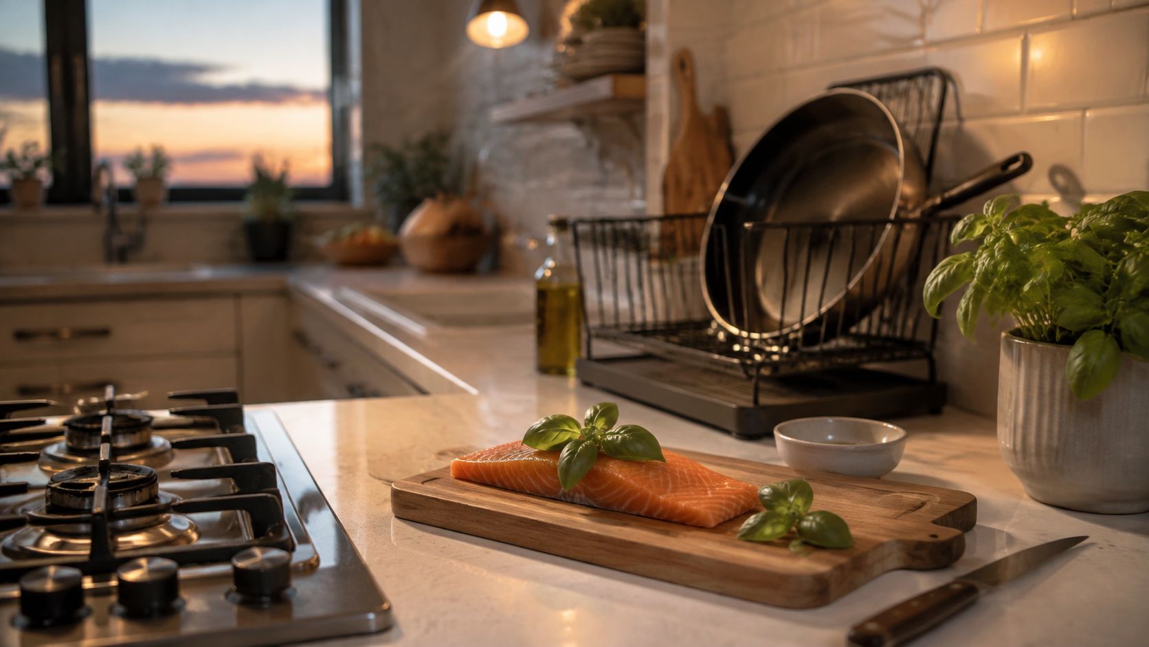 A fresh salmon fillet garnished with green basil leaves on a wooden cutting board in a kitchen.