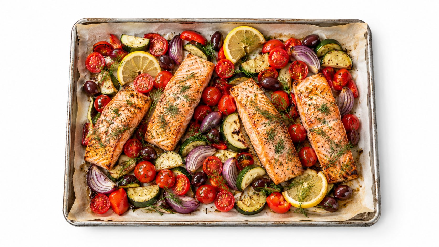 A top-down view of a sheet pan containing four salmon fillets roasted with vegetables, lemon, and olives.