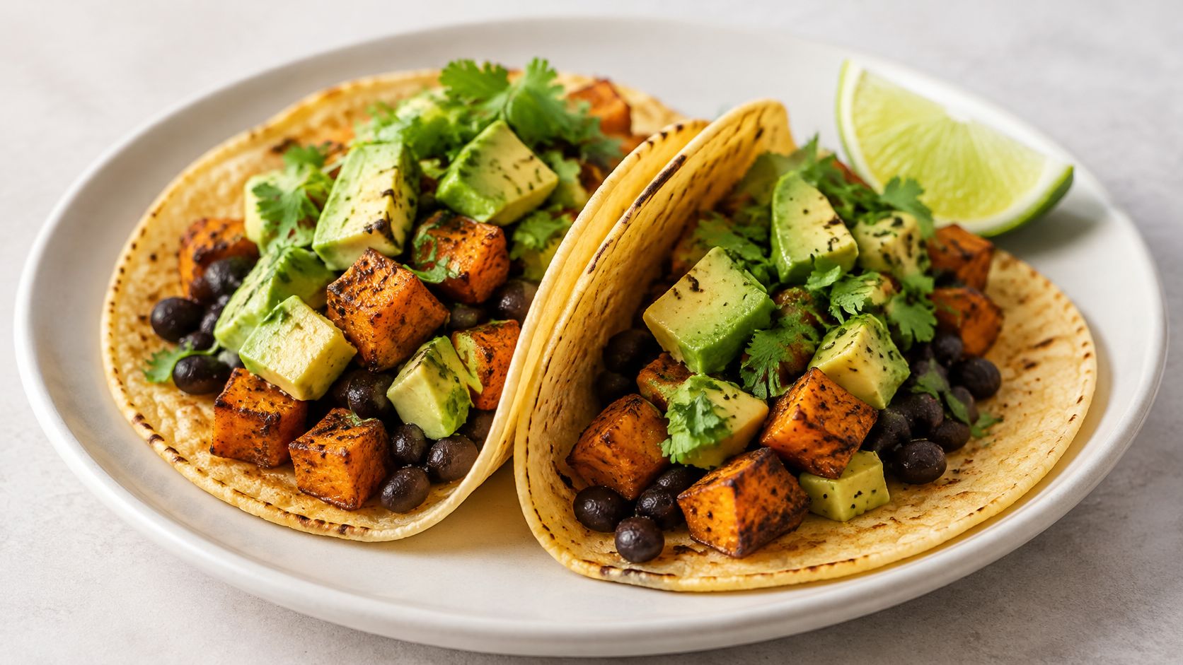 Two delicious plant-based tacos filled with roasted sweet potatoes, black beans, avocado chunks, and fresh cilantro.