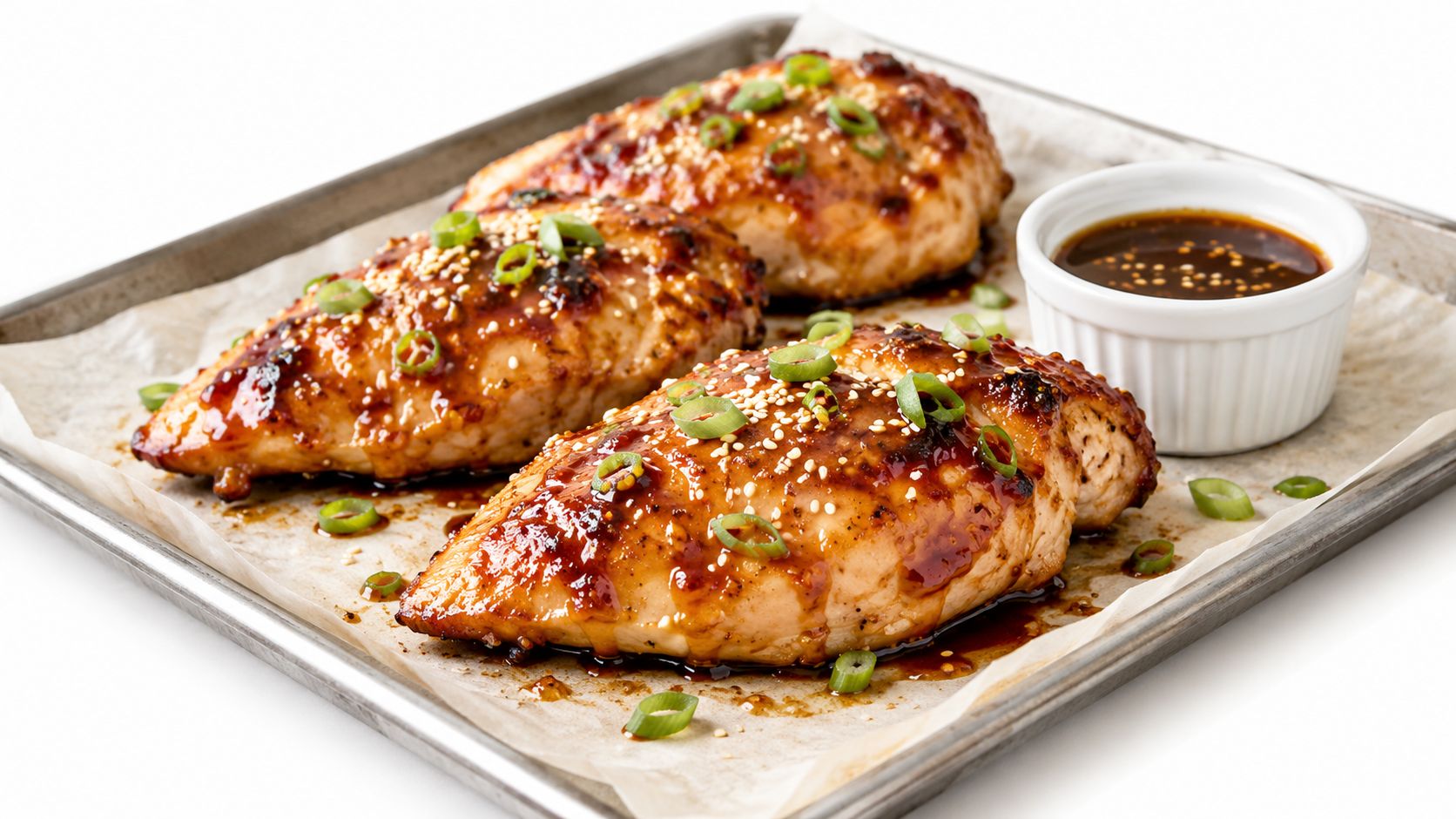 Three glazed chicken breasts garnished with sesame seeds and chopped green onions on a baking tray.