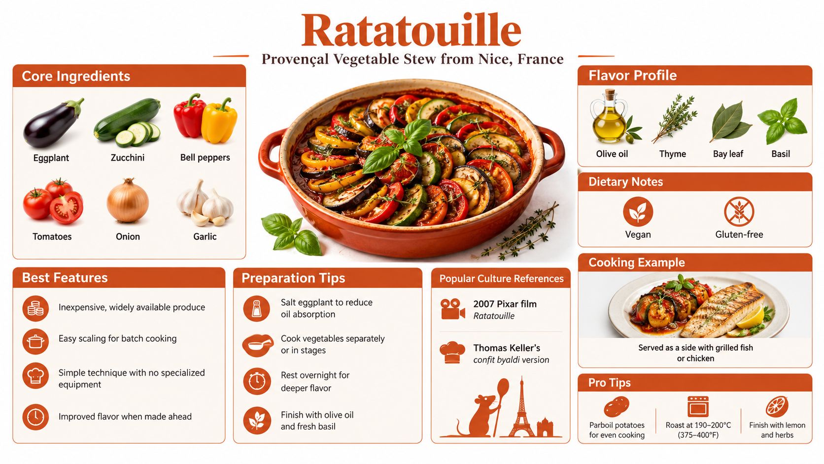 An infographic showing ingredients, dietary information, and cooking tips for making a classic French Ratatouille vegetable stew.
