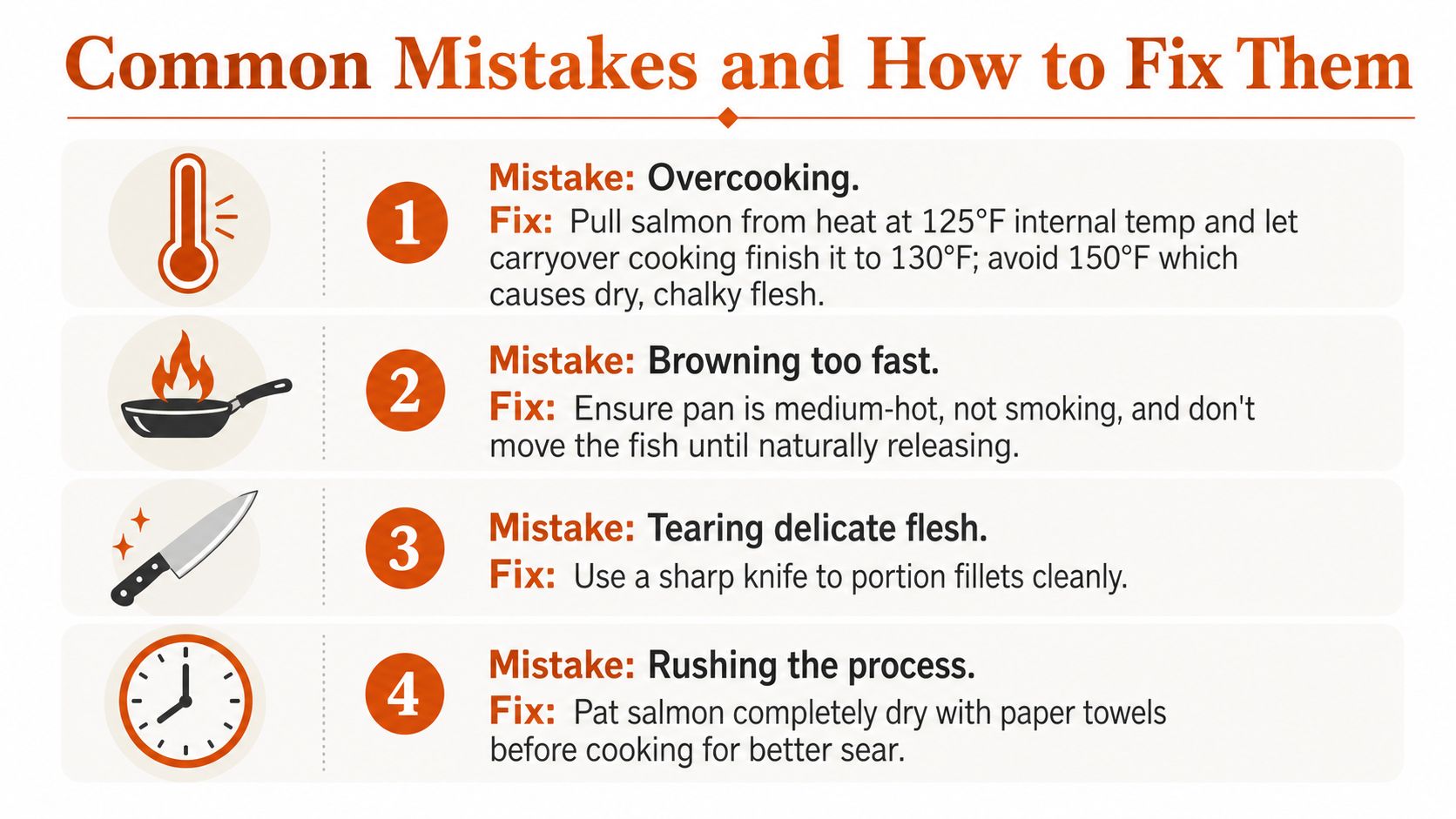 An infographic titled Common Mistakes and How to Fix Them when cooking salmon, with four numbered tips.