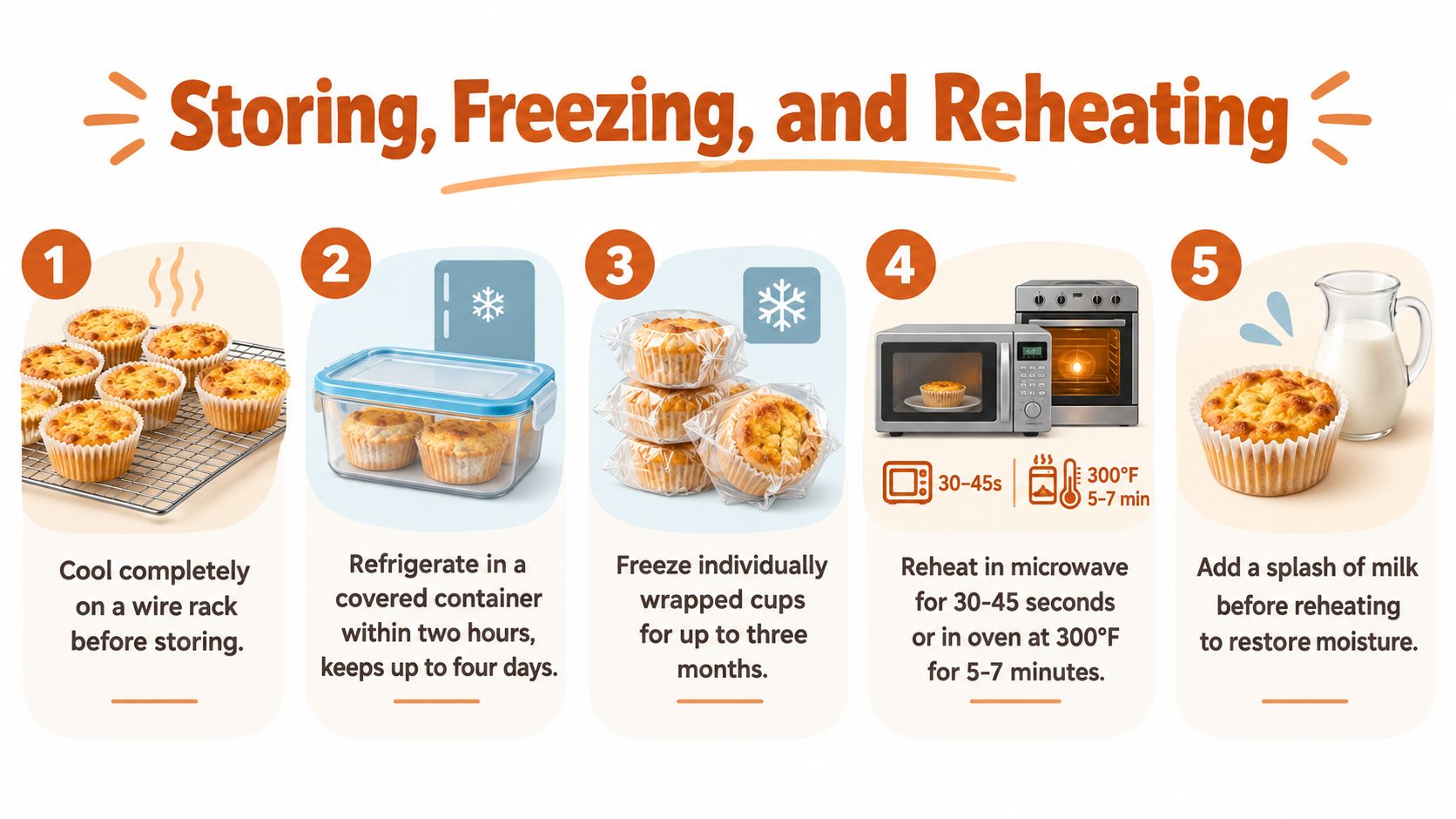 An infographic showing five steps for cooling, storing, freezing, and reheating baked oatmeal cups.
