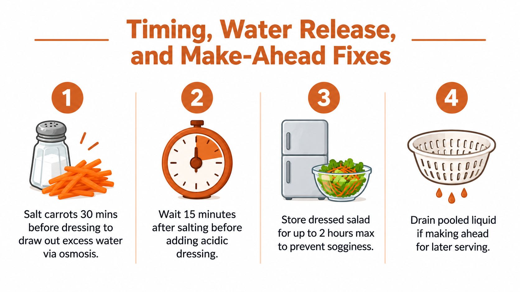 An instructional infographic detailing four steps to prepare and store a spicy carrot salad effectively.