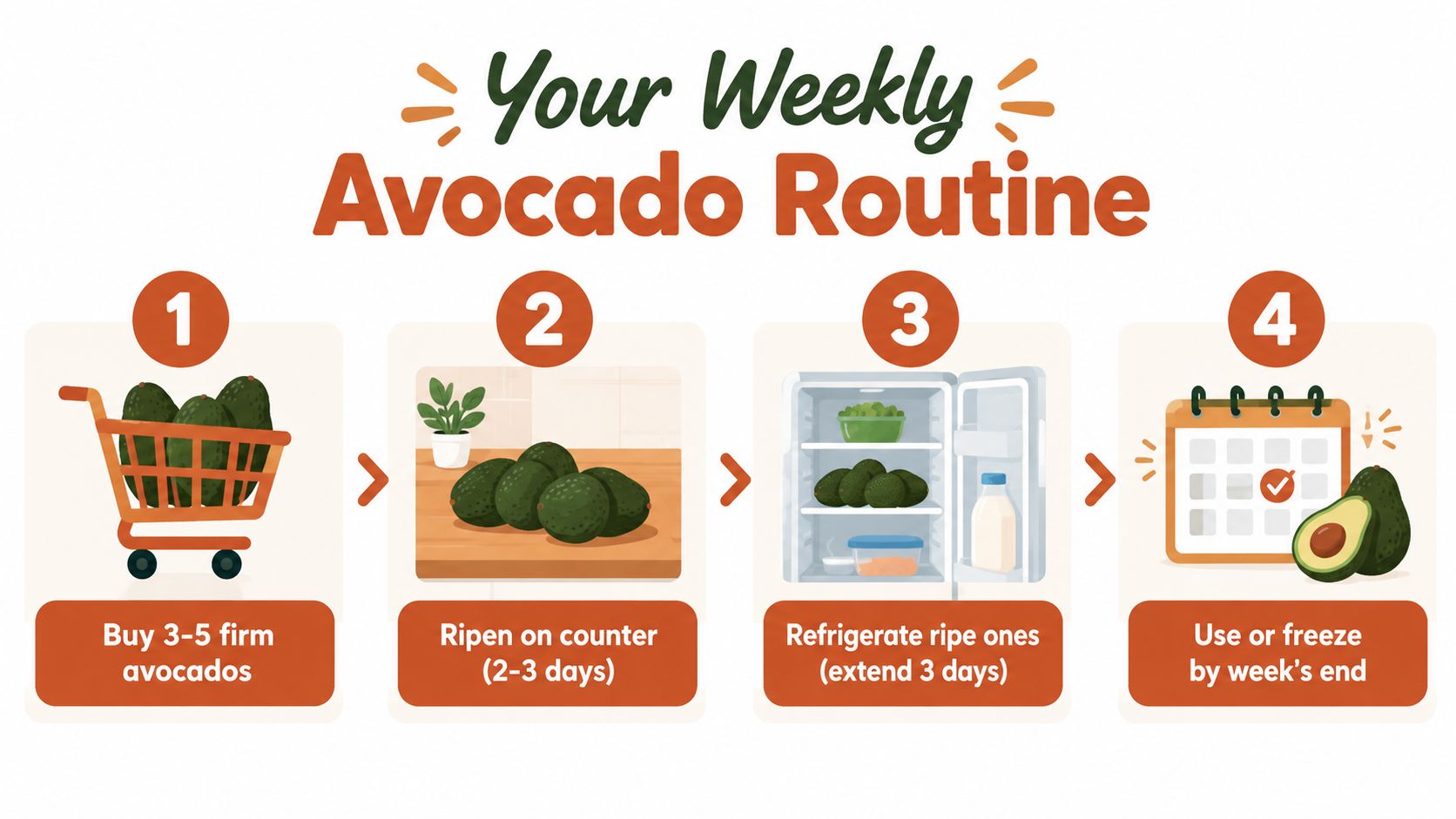 An infographic showing a four-step weekly routine for buying, ripening, storing, and using avocados.