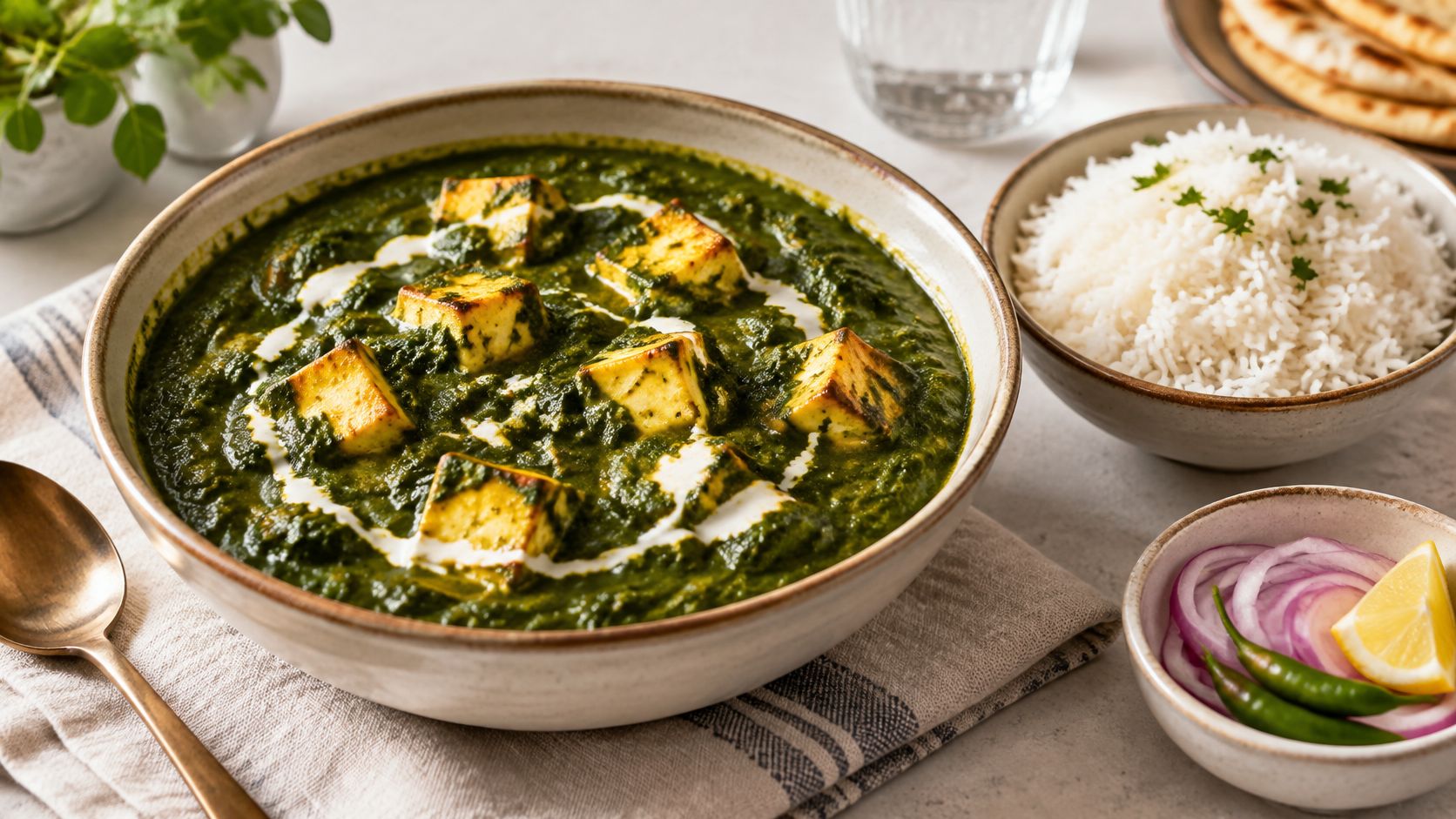 A delicious bowl of Palak Paneer topped with cream, served with basmati rice, onions, and fresh chili.