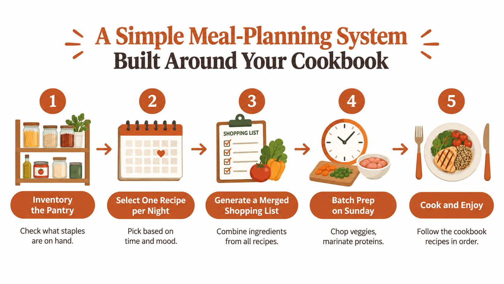 A five-step infographic showing a simple meal planning system involving pantry inventory, recipe selection, and batch preparation.