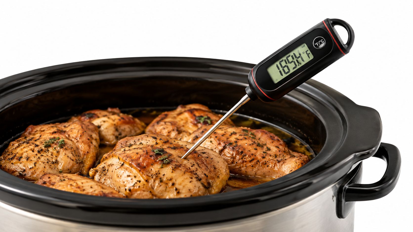 A digital food thermometer measuring the internal temperature of seasoned chicken thighs cooking in a slow cooker.