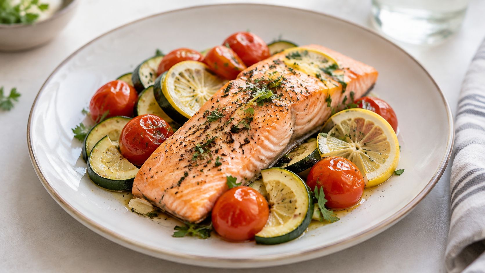 A pan-seared salmon fillet served on a plate with roasted zucchini slices, cherry tomatoes, and lemon slices.