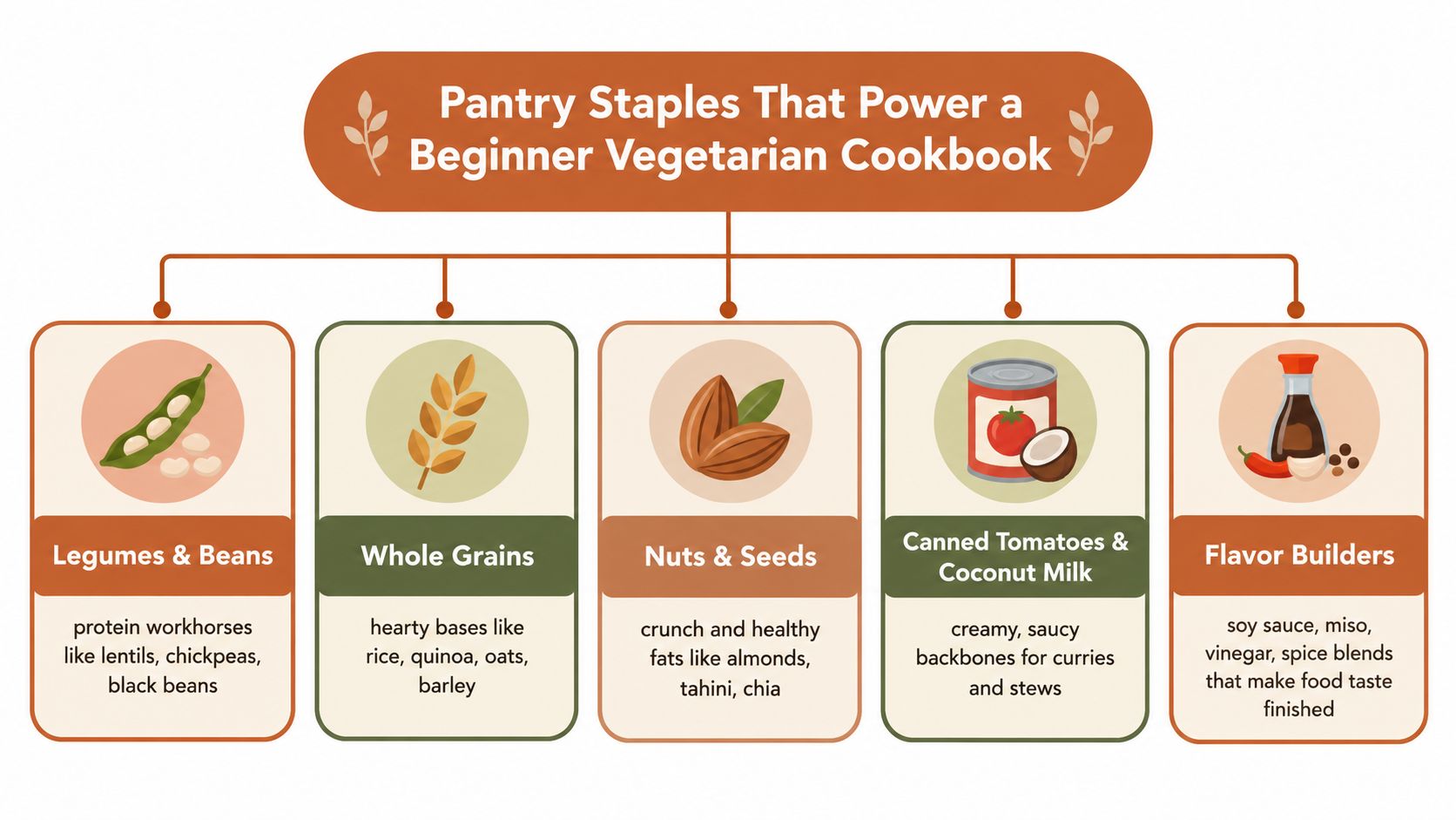 A diagram illustrating essential pantry staples for a beginner vegetarian cookbook including grains, beans, and spices.