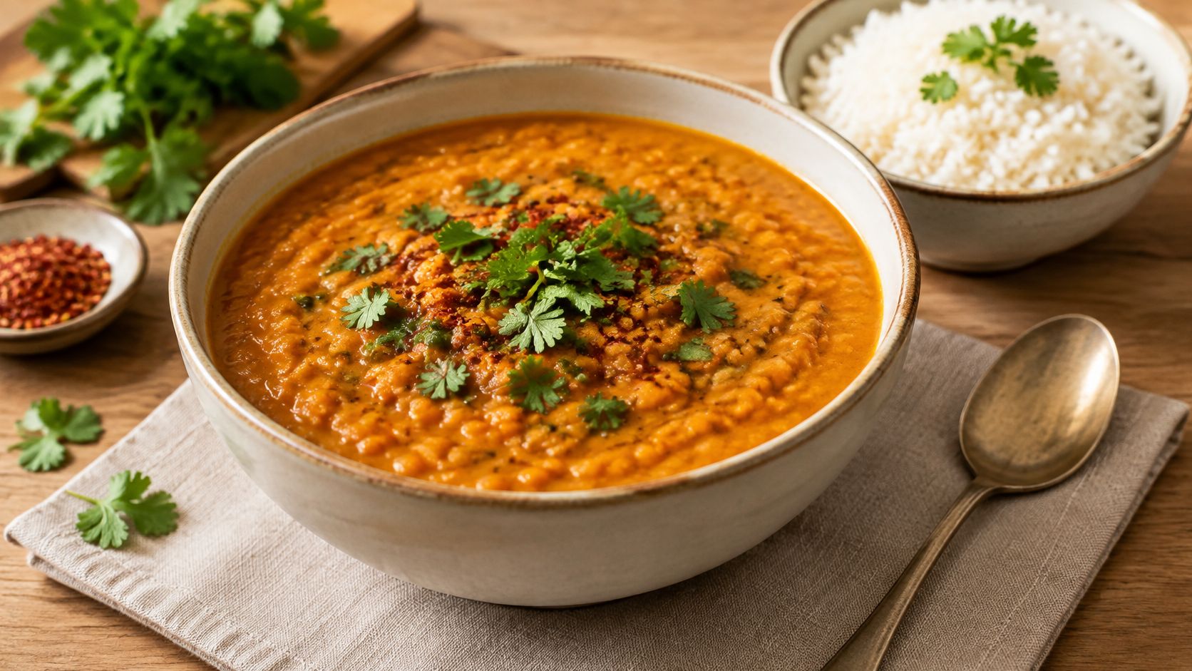 A bowl of flavorful orange lentil dahl garnished with fresh cilantro served with white rice.