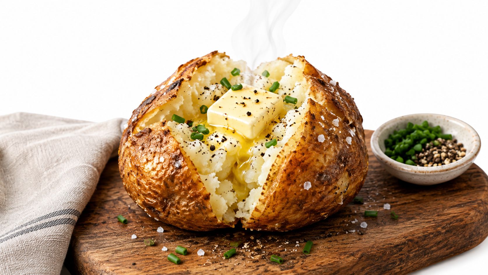 A steaming hot baked potato sliced open with a melting pat of butter and fresh chives sprinkled.