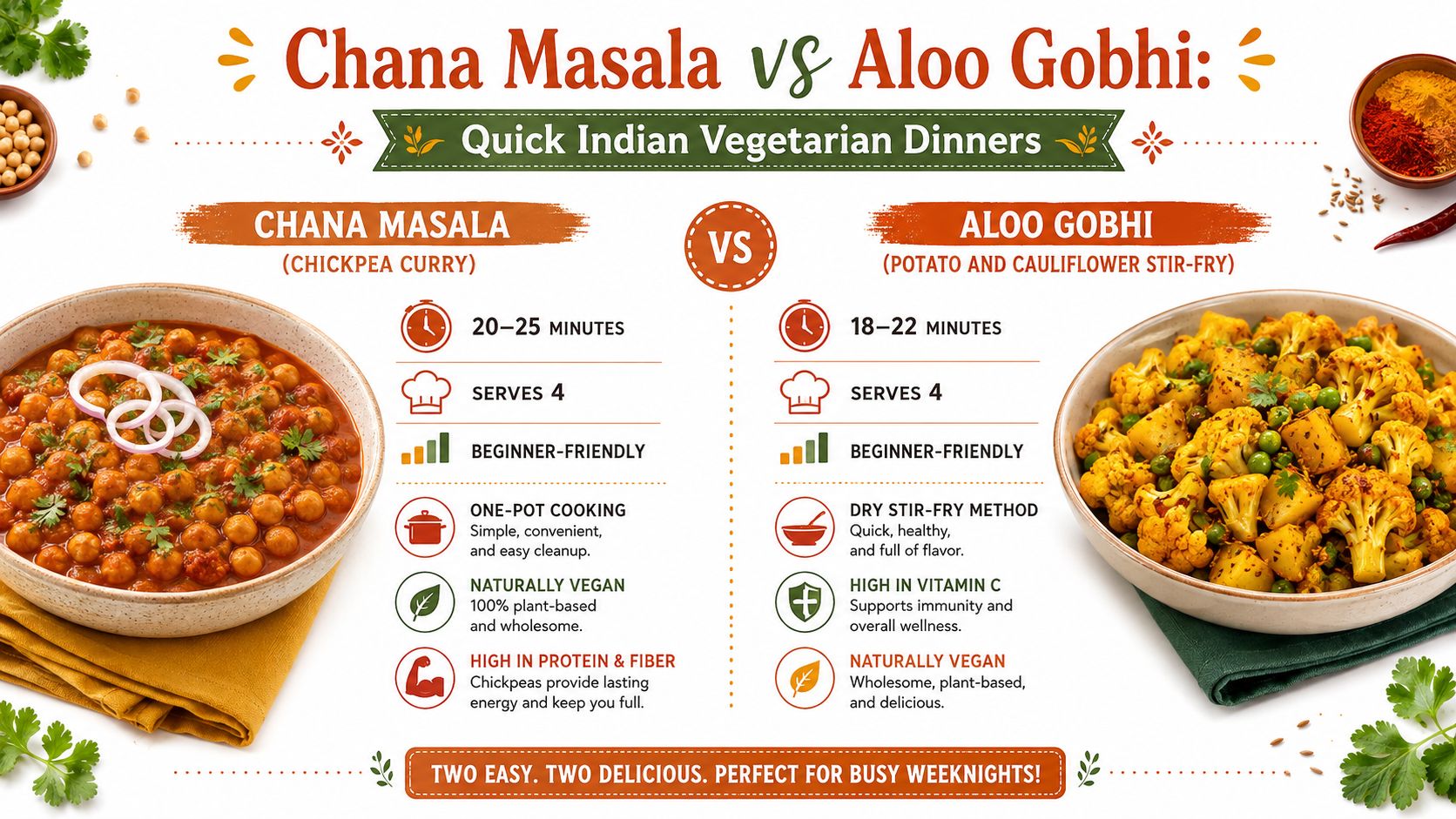 A comparison infographic featuring Chana Masala and Aloo Gobhi as quick, healthy, and easy vegetarian Indian dinner recipes.
