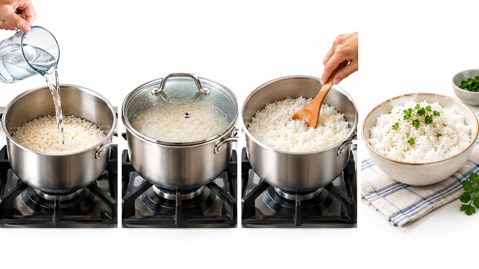 A step-by-step guide showing how to prepare and cook white basmati rice in a stainless steel pot.