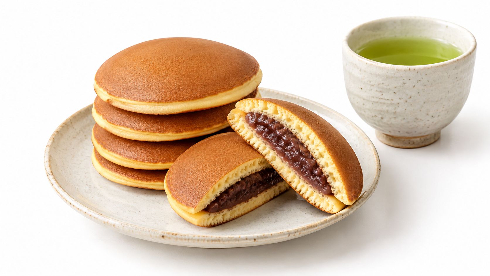 A stack of dorayaki pancakes filled with sweet red bean paste served on a plate with tea.