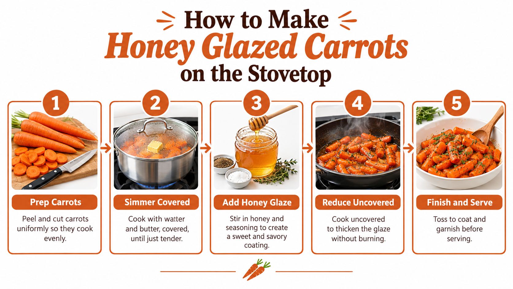 A five-step infographic showing how to make honey glazed carrots on the stovetop from prep to serving.