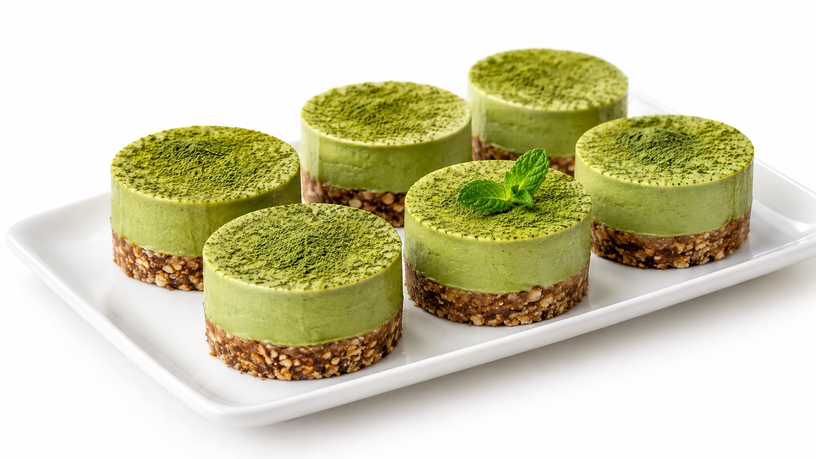 Six small matcha green tea cheesecake desserts arranged on a white rectangular serving plate.