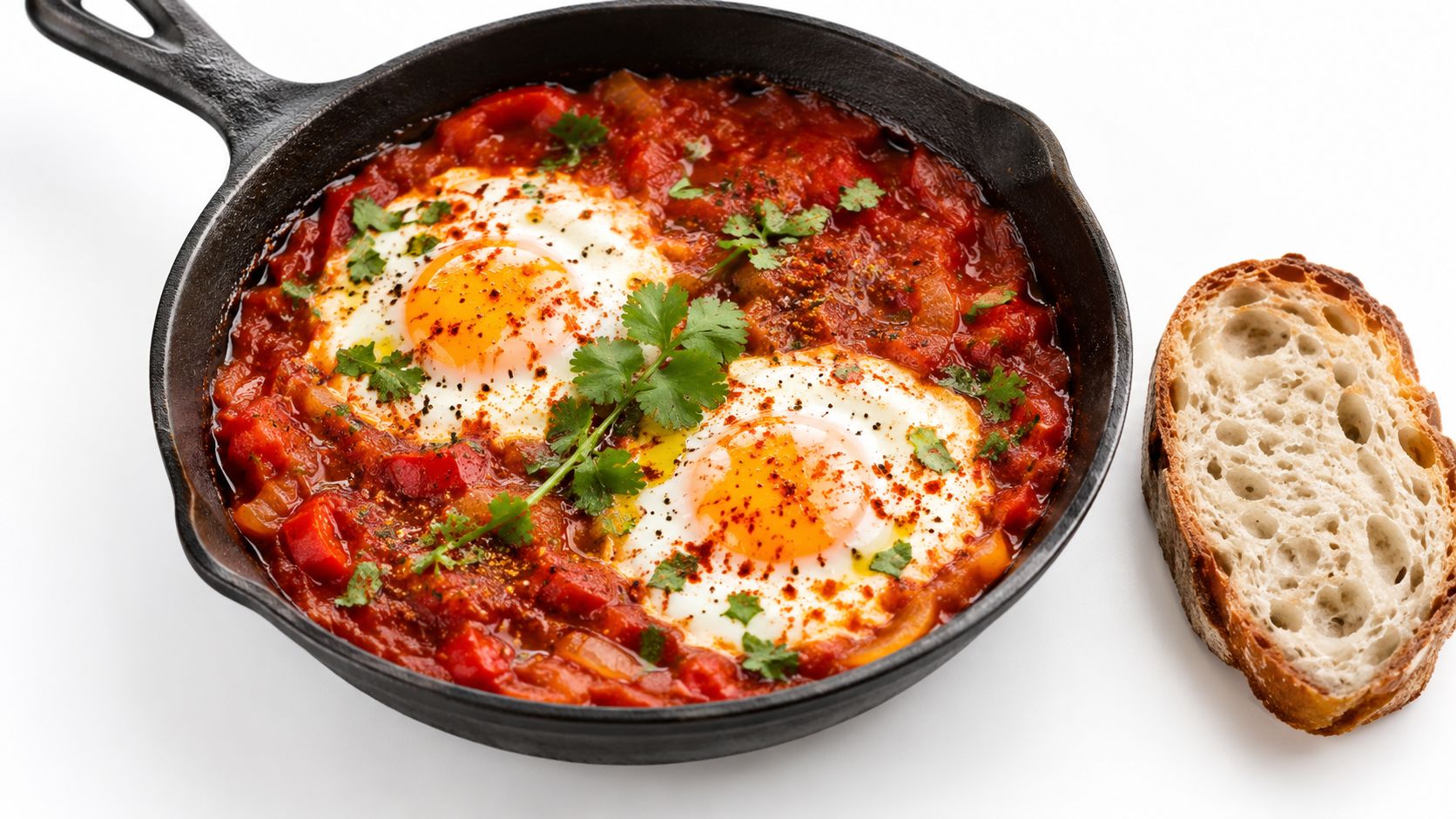 A cast iron skillet filled with shakshuka featuring two sunny side up eggs and fresh herbs served with bread.