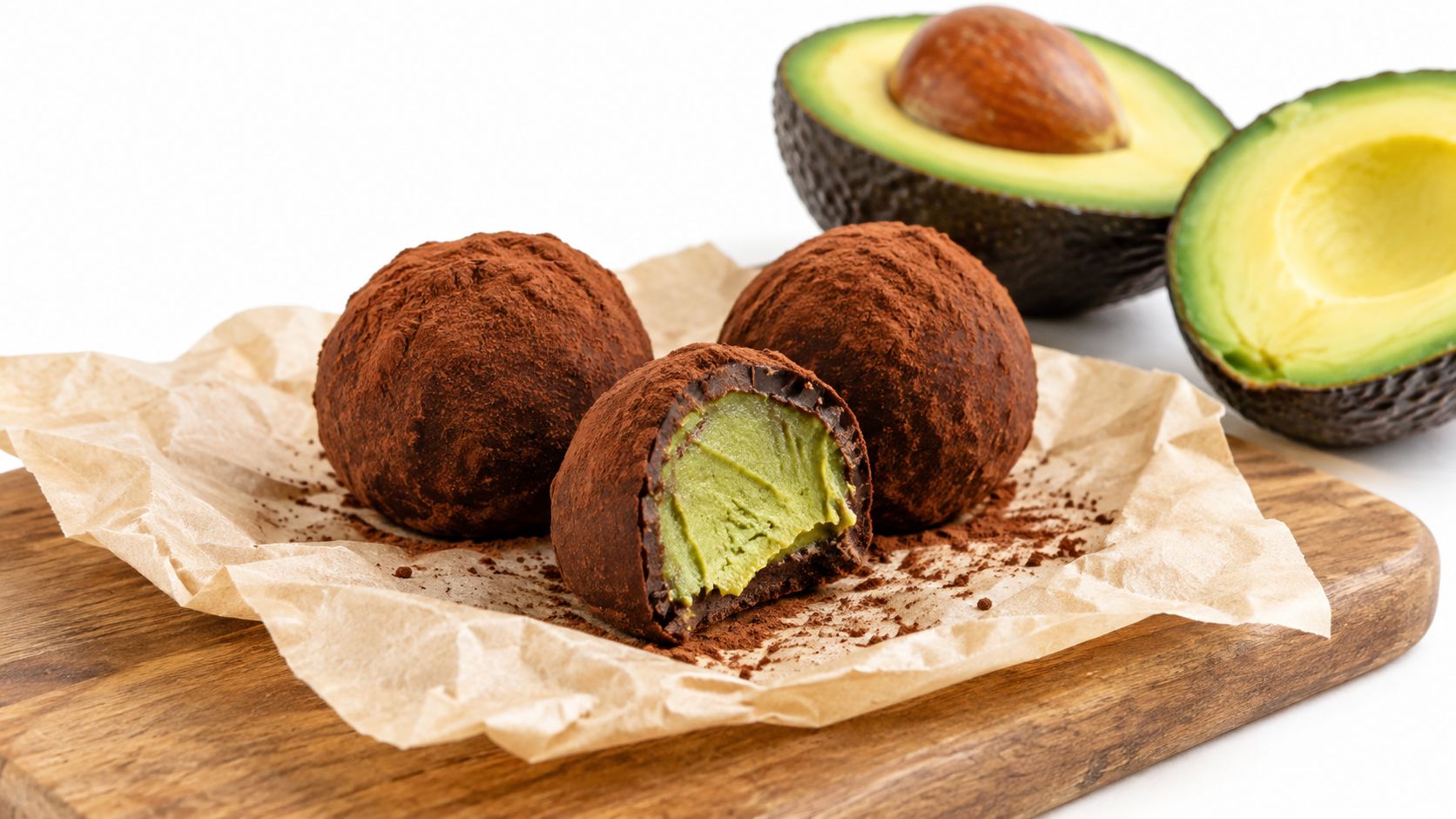Three chocolate avocado truffles sitting on parchment paper atop a wooden cutting board with avocado halves.