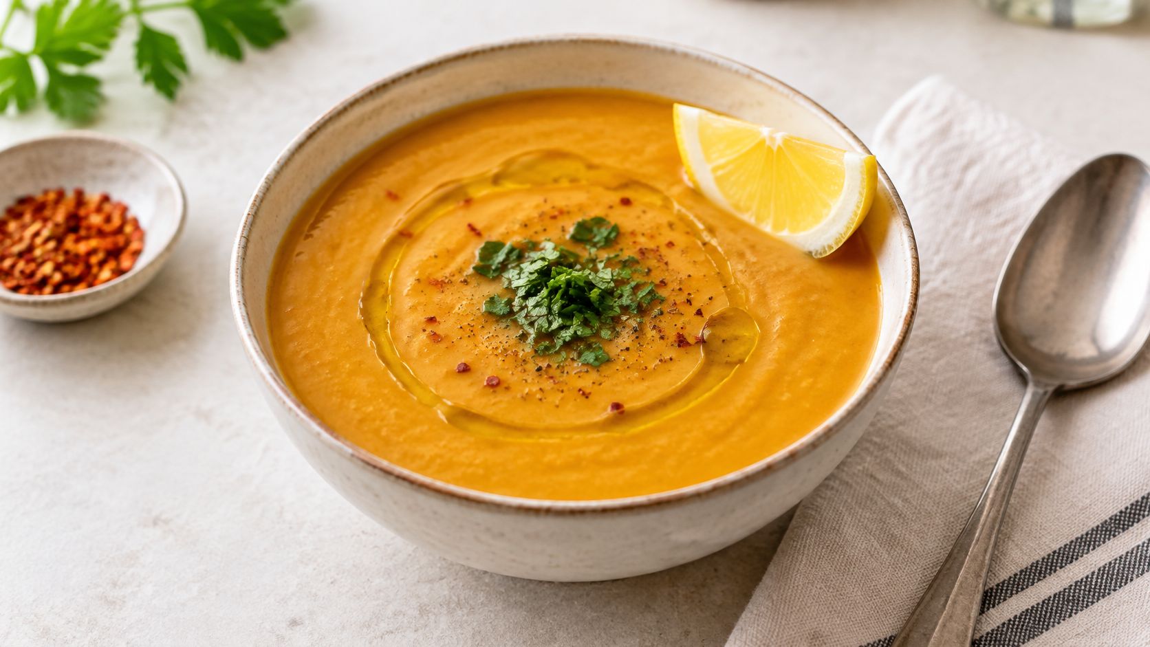 A creamy orange vegetable soup served in a bowl, topped with herbs, olive oil, and lemon slice.