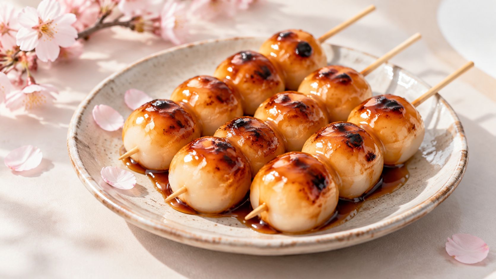A close-up shot of grilled dango skewers coated in a glossy soy glaze on a ceramic plate.