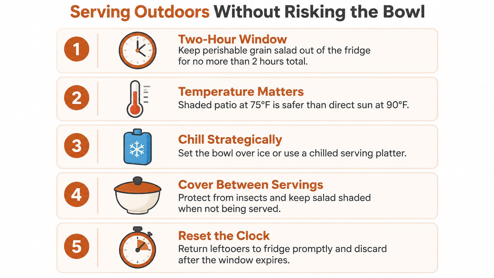 An infographic titled Serving Outdoors Without Risking the Bowl featuring five safety tips for serving food.