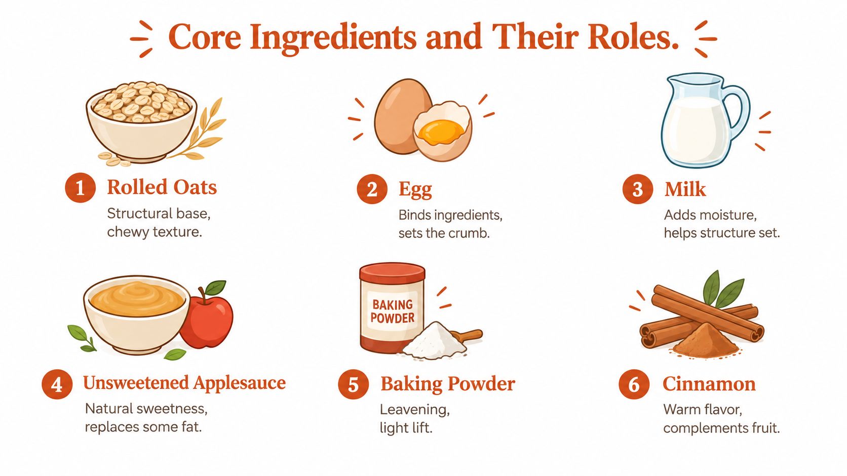 An infographic showing six core ingredients for a baked oatmeal cups recipe with their specific culinary roles.