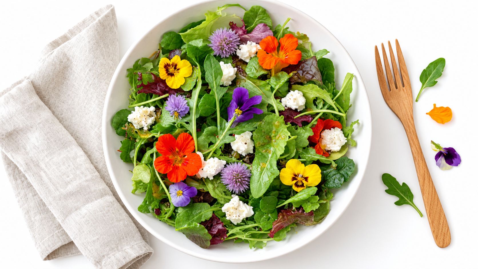A fresh garden salad with edible flowers, goat cheese, and mixed greens in a white bowl.