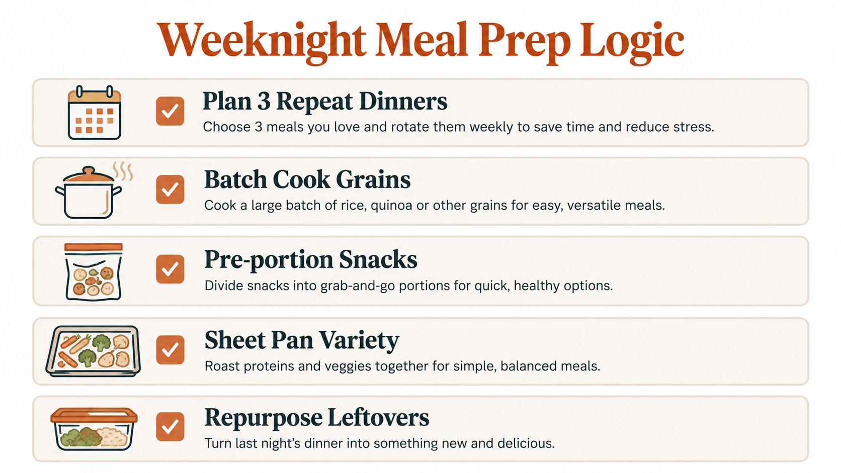 A visual guide titled Weeknight Meal Prep Logic, featuring five essential tips for efficient food preparation.
