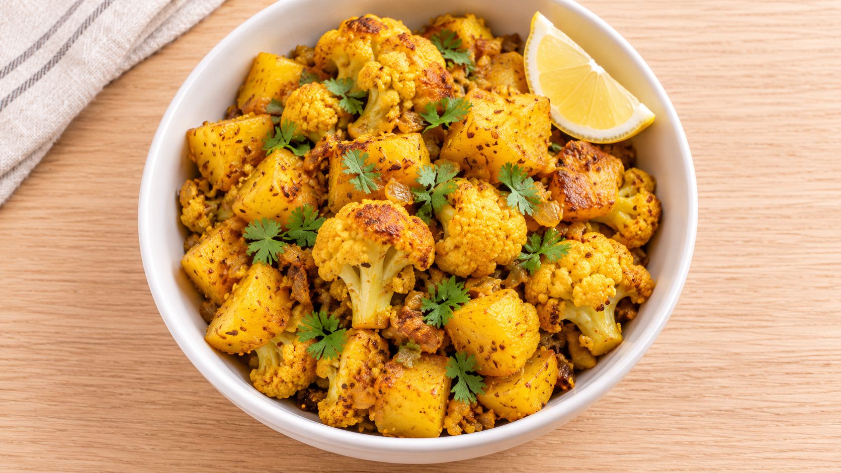 A bowl of aloo gobi made with spiced potatoes and cauliflower, garnished with fresh cilantro and lemon.