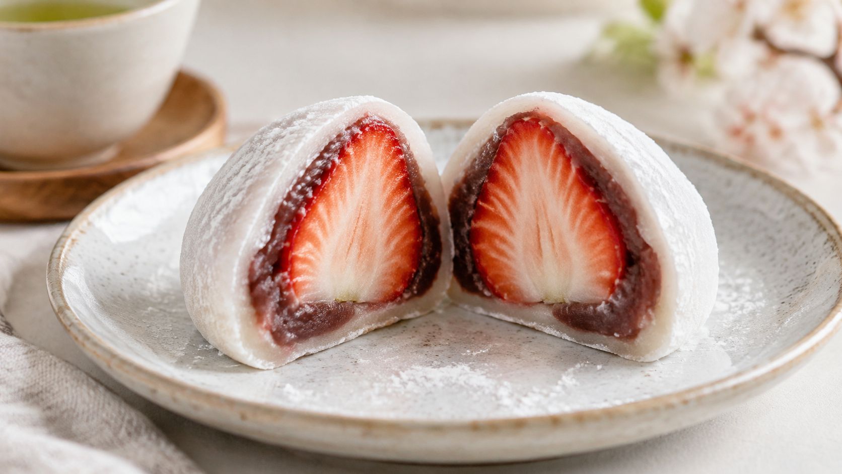 A close-up of a delicious strawberry mochi cut in half on a textured white plate.