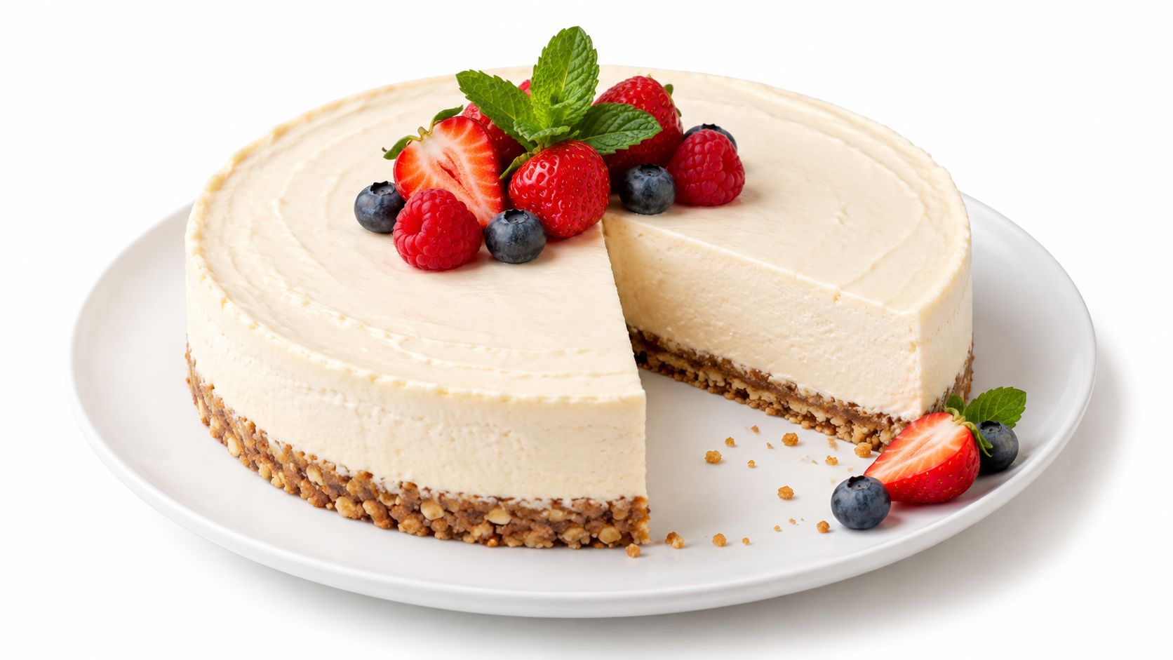 A creamy cheesecake with a nut crust, topped with fresh strawberries, blueberries, raspberries, and mint leaves.