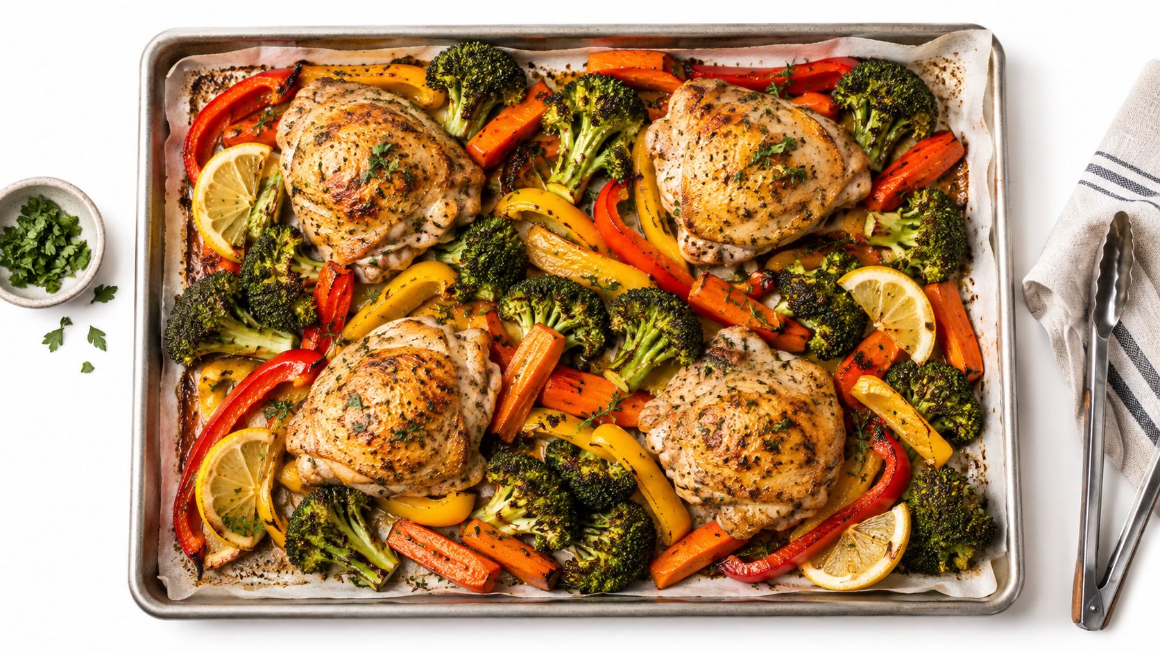 A sheet pan dinner with roasted chicken thighs, broccoli, carrots, bell peppers, and fresh lemon slices.