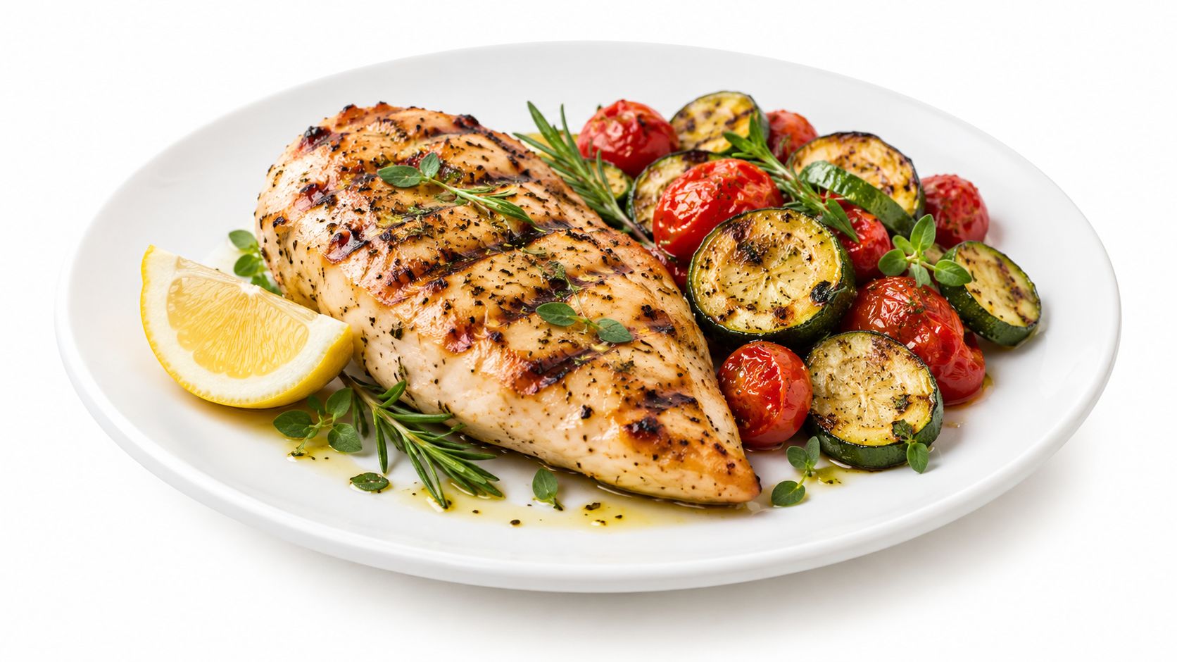 A grilled chicken breast served with roasted tomatoes, zucchini, herbs, and a fresh lemon wedge on a plate.