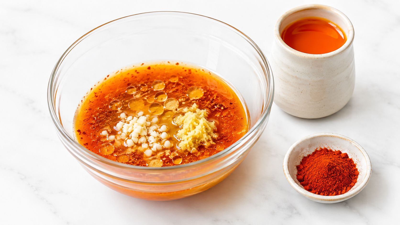 A glass bowl containing a vibrant orange marinade with minced garlic and ginger, next to spices.