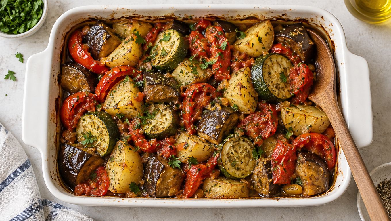 A rustic ceramic baking dish filled with roasted Mediterranean vegetables including eggplant, zucchini, potatoes, and tomatoes.
