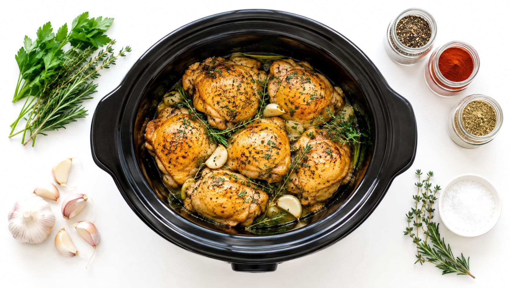 A slow cooker filled with seasoned golden-brown chicken thighs surrounded by fresh herbs, garlic, and colorful spices.