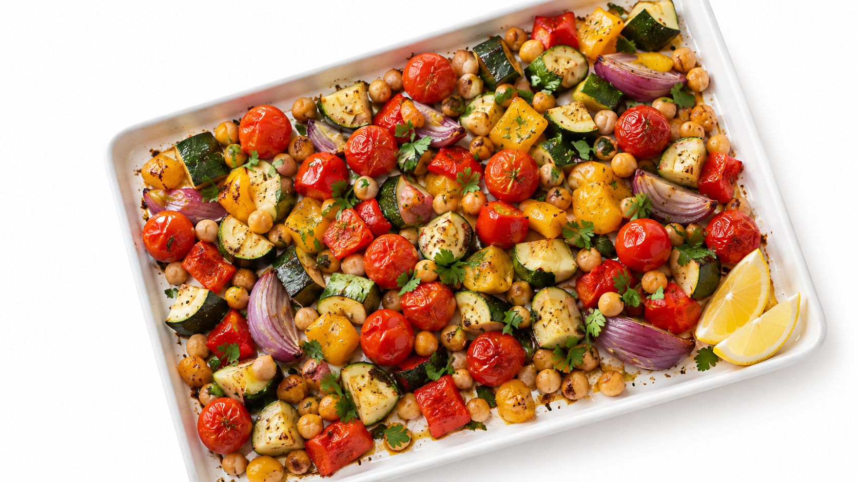 A white baking tray filled with roasted vegetables including tomatoes, zucchini, red onions, and chickpeas.
