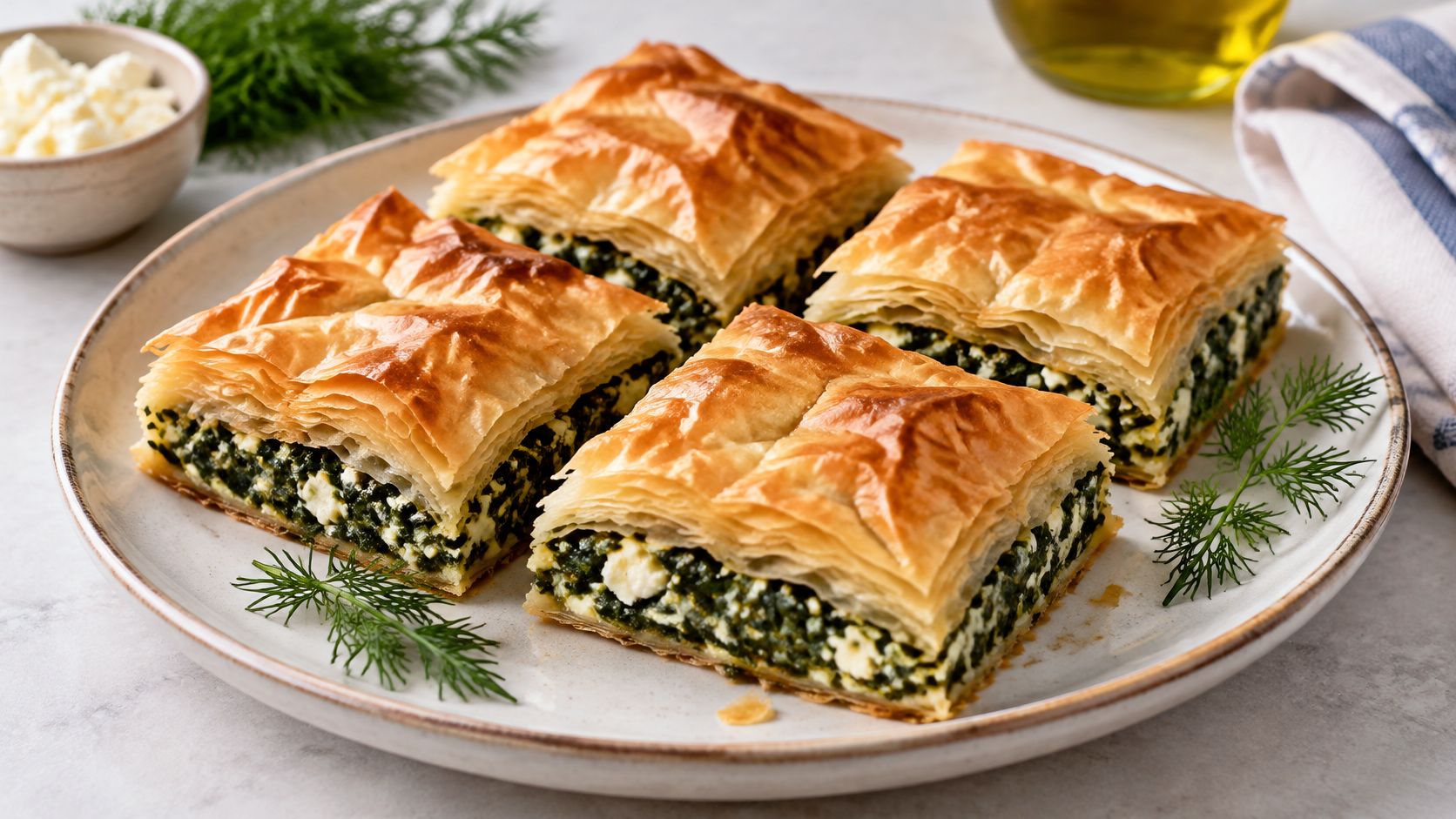 A close-up view of a plate serving square slices of crispy, golden spanakopita with spinach and feta.