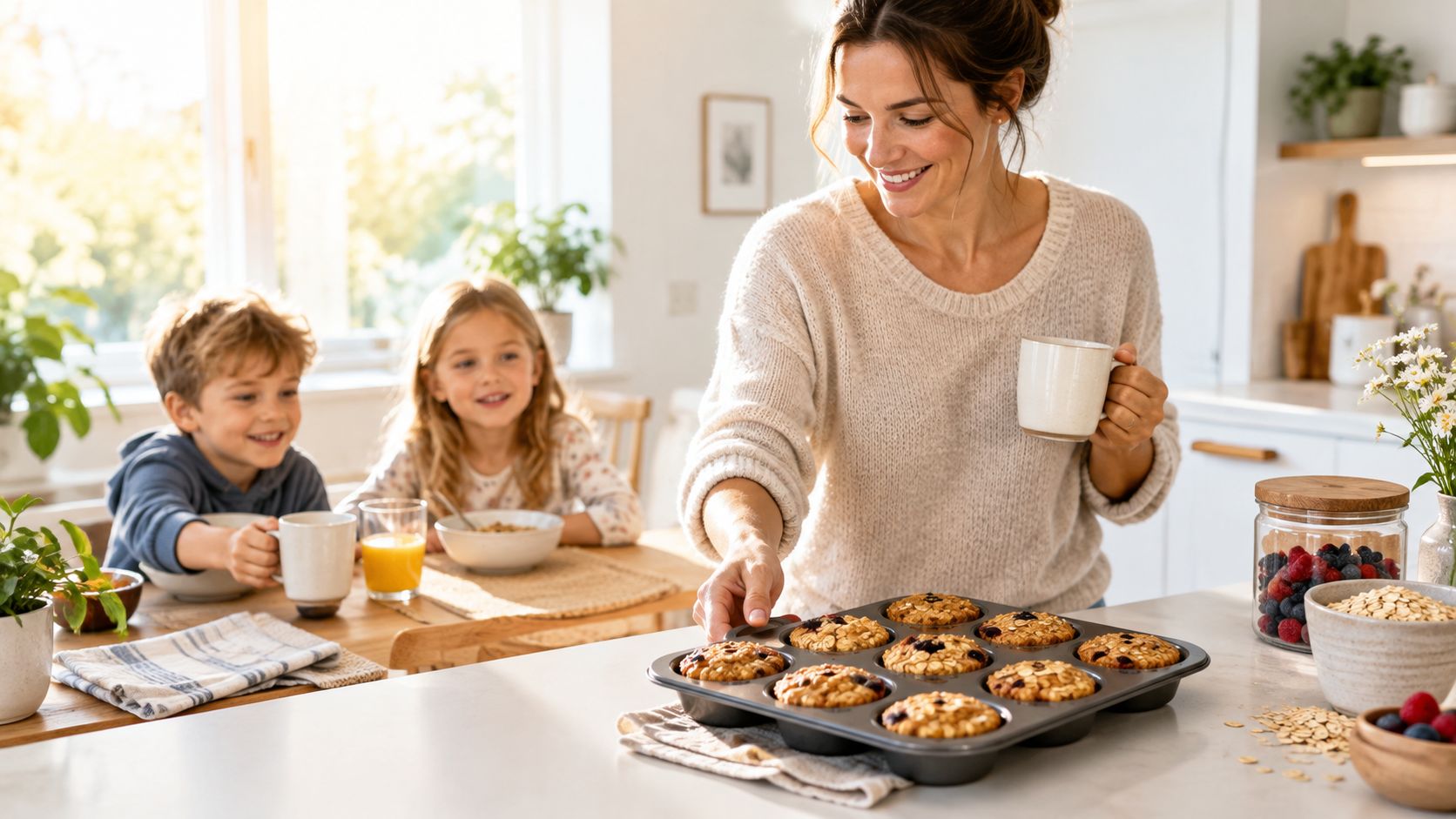 A smiling mother serving freshly baked oatmeal cups for breakfast to her young children in a bright kitchen.