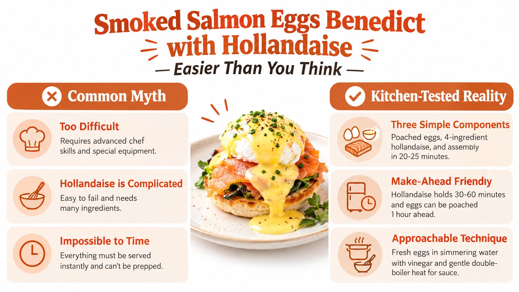 A visual guide comparing common myths and realities about making smoked salmon eggs benedict at home.