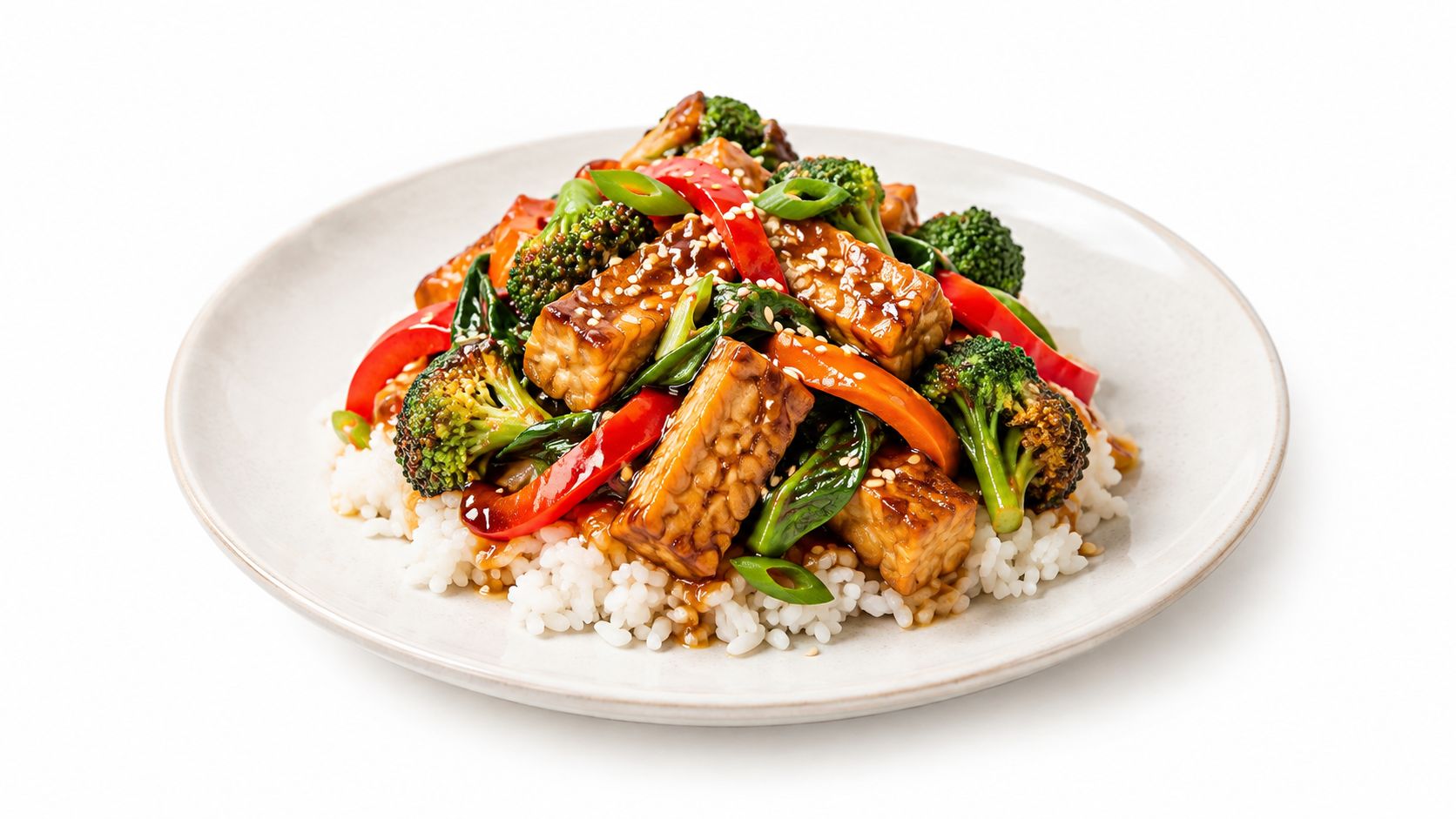 A serving of delicious tofu and broccoli stir-fry served over a bed of white rice on a plate.
