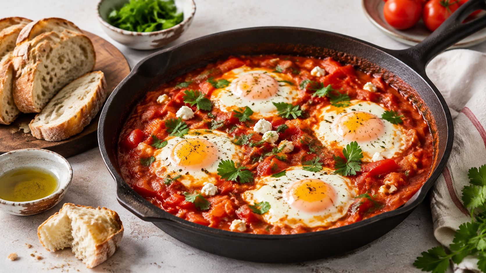A rustic cast iron skillet filled with shakshuka, featuring poached eggs in a vibrant tomato sauce.