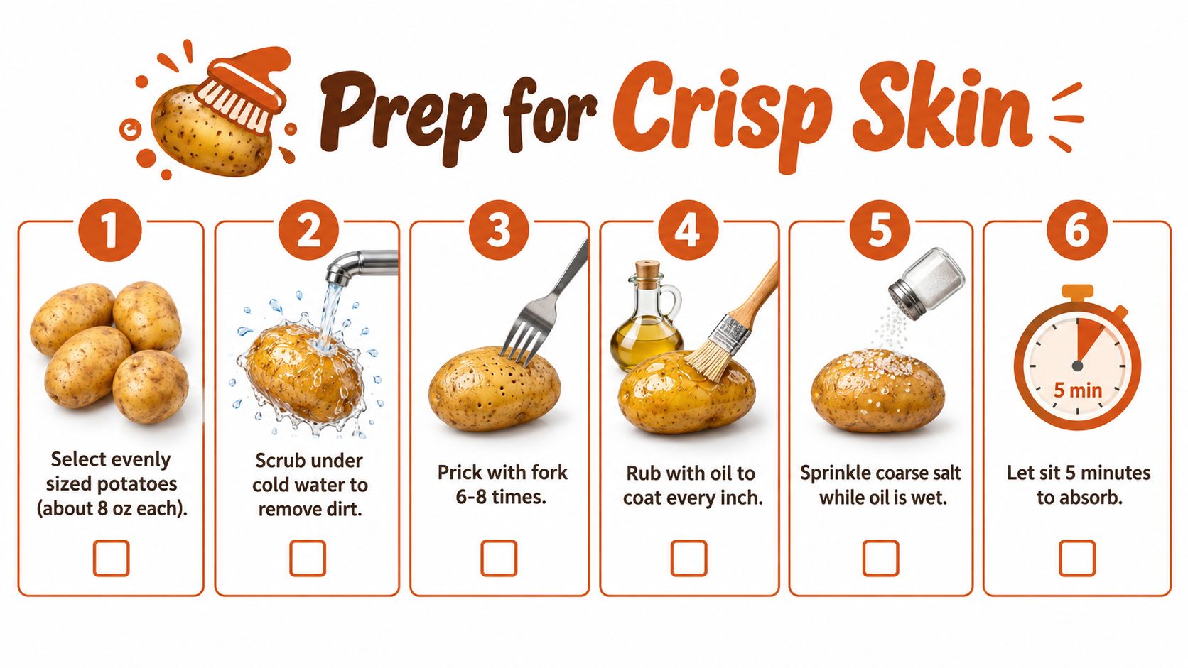 A step-by-step instructional graphic showing how to prepare a potato for baking to achieve crispy skin.