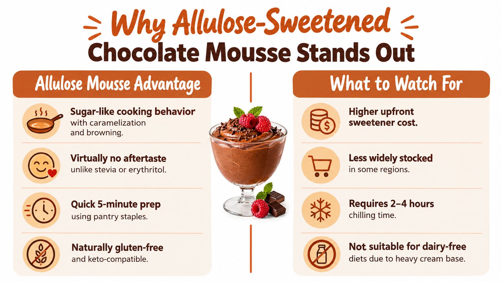 A graphic highlighting the benefits and considerations of using allulose to sweeten chocolate mousse dessert recipes.